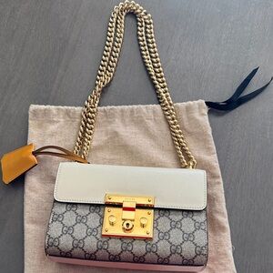 Gucci Beige and Gray Crossbody Bag with Gold Chain